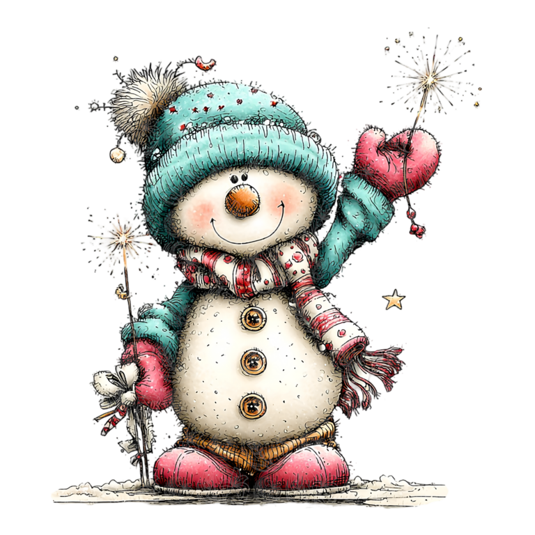 Whimsical snowman holding sparklers wearing teal hat pink mittens and scarf Grey Barn Handwerk, Saskatchewan.